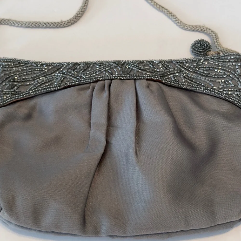 Genie Gray Satin Beaded Evening Bag Shoulder Clutch‎ Braided Strap Korea Vintage